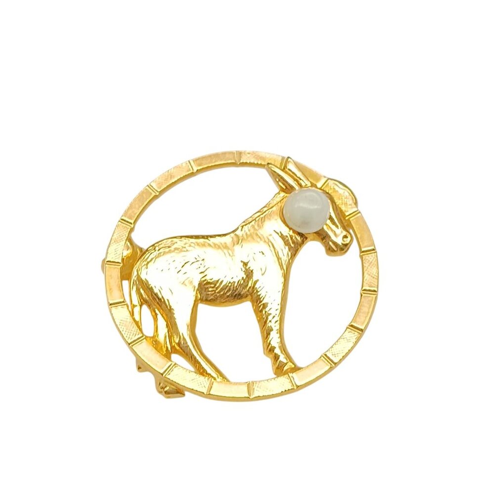 Vintage Gold-Tone Donkey Pin with Goggly Eye in Round Frame, Classic Political